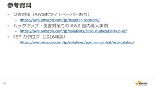 参考資料
• 災害対策（AWSホワイトペーパーあり）
– https://aws.amazon.com/jp/disaster-recovery/
• バックアップ・災害対策での AWS 国内導入事例
– https://aws.amazon.com/jp/solutions/case-studies/backup-dr/
• ESP カタログ（2016年版）
– https://aws.amazon.com/jp/solutions/partner-central/esp-catalog/
60
 