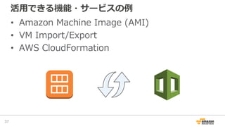 活用できる機能・サービスの例
• Amazon Machine Image (AMI)
• VM Import/Export
• AWS CloudFormation
37
 