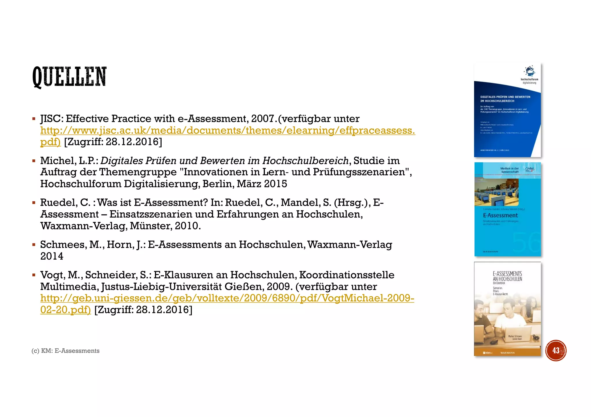 44
Prof. Dr. Karsten Morisse
Fon: +49.541.969 3615
Mail: k.morisse@hs-osnabrueck.de
Web: https://www.hs-osnabrueck.de/de/prof-dr-karsten-morisse/
@kamo_de
https://www.youtube.com/karstenmorisse
(c) KM: E-Assessments
Kommentare? Anmerkungen? Fragen?
Kopie der Folien: http://www.slideshare.net/karstenmorisse/201701impulseassessment
oder http://bit.ly/2hvZ3iU
 