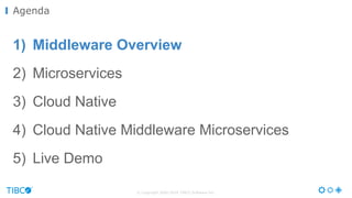 © Copyright 2000-2016 TIBCO Software Inc.
1) Middleware Overview
2) Microservices
3) Cloud Native
4) Cloud Native Middlewa...