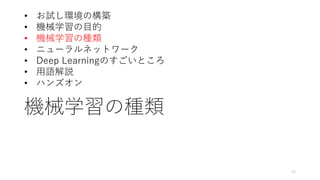 機械学習の種類
15
• お試し環境の構築
• 機械学習の目的
• 機械学習の種類
• ニューラルネットワーク
• Deep Learningのすごいところ
• 用語解説
• ハンズオン
 