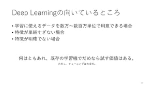 Deep Learningの向いているところ
• 学習に使えるデータを数万〜数百万単位で用意できる場合
• 特徴が単純すぎない場合
• 特徴が明確でない場合
何はともあれ、既存の学習機でだめなら試す価値はある。
ただし、チューニングは大変だ。
27
 