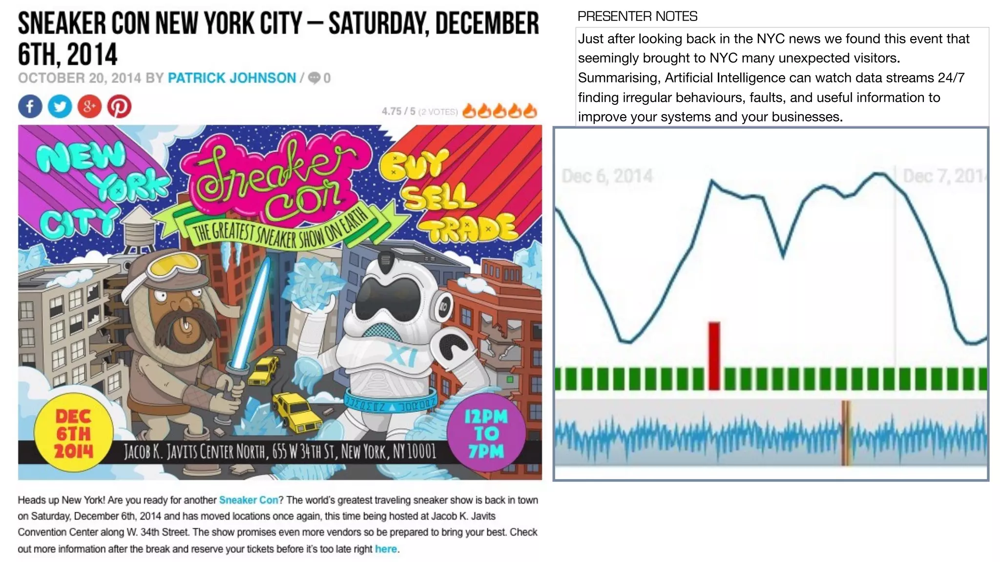Just after looking back in the NYC news we found this event that
seemingly brought to NYC many unexpected visitors.

Summarising, Artiﬁcial Intelligence can watch data streams 24/7
ﬁnding irregular behaviours, faults, and useful information to
improve your systems and your businesses.
PRESENTER NOTES
 