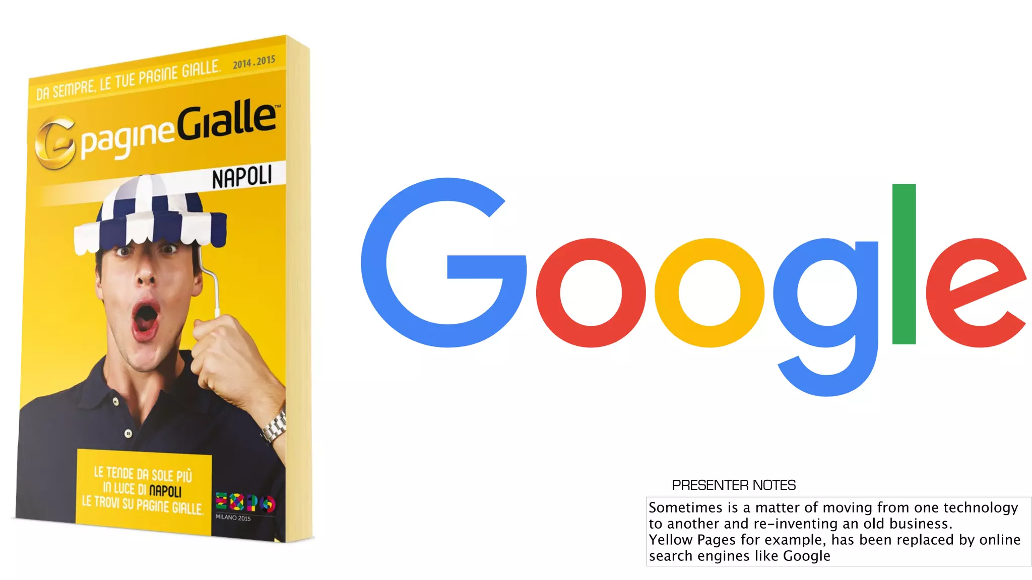 Sometimes is a matter of moving from one technology
to another and re-inventing an old business.
Yellow Pages for example, has been replaced by online
search engines like Google
PRESENTER NOTES
 