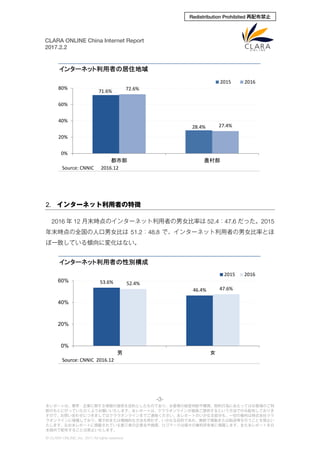 -3-
本レポートは、業界・企業に関する情報の提供を目的としたものであり、お客様の経営判断や購買、契約行為にあたってはお客様のご判
断のもとに行っていただくようお願いいたします。本レポートは、クララオンラインが直接ご提供するという方法でのみ配布しておりま
すので、お問い合わせにつきましてはクララオンラインまでご連絡ください。本レポートのいかなる部分も、一切の権利は株式会社クラ
ラオンラインに帰属しており、電子的または機械的な方法を問わず、いかなる目的であれ、無断で複製または転送等を行うことを禁止い
たします。なお本レポートに掲載されている第三者の企業名や商標、ロゴマークは個々の権利所有者に帰属します。また本レポートを日
本国外で配布することは禁止いたします。
© CLARA ONLINE, Inc. 2017 All rights reserved.
CLARA ONLINE China Internet Report
2017.2.2
Redistribution Prohibited 再配布禁止
2. インターネット利用者の特徴
2016 年 12 月末時点のインターネット利用者の男女比率は 52.4：47.6 だった。2015
年末時点の全国の人口男女比は 51.2：48.8 で、インターネット利用者の男女比率とほ
ぼ一致している傾向に変化はない。
71.6%
28.4%
72.6%
27.4%
0%
20%
40%
60%
80%
都市部 農村部
インターネット利用者の居住地域
2015 2016
Source: CNNIC 2016.12
53.6%
46.4%
52.4%
47.6%
0%
20%
40%
60%
男 女
インターネット利用者の性別構成
2015 2016
Source: CNNIC 2016.12Source:
 