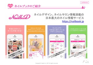 Copyright	?	Spika Inc.	2017	all	rights	reserved.
confidential
9
֥ͥåΤB
ͥǥ󡢥ͥ륵d
ձΥͥ󥵩`ӥ
https://nailbook.jp
 