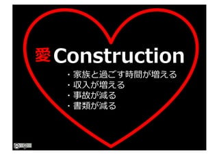i-Construction愛
・家族と過ごす時間が増える
・収⼊が増える
・事故が減る
・書類が減る
 