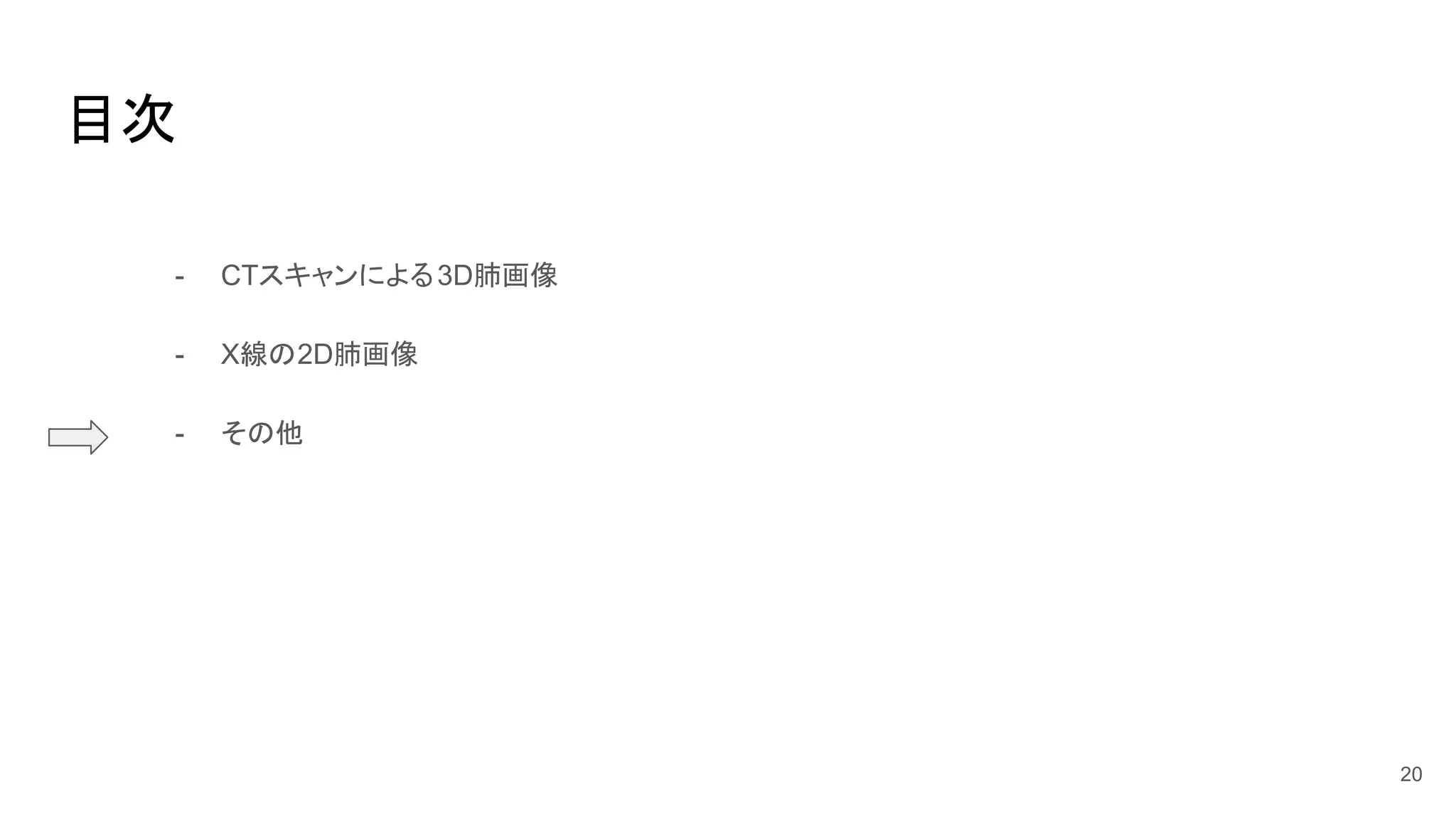 目次
- CTスキャンによる3D肺画像
- X線の2D肺画像
- その他
20
 