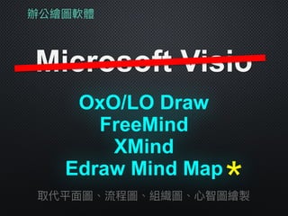 辦公繪圖軟體
Microsoft Visio
XMind
取代平⾯面圖、流程圖、組織圖、⼼心智圖繪製
OxO/LO Draw
FreeMind
Edraw Mind Map＊
 