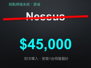 弱點掃描系統：節省
Nessus
$45,000
初次導入、安裝1台伺服器計
 