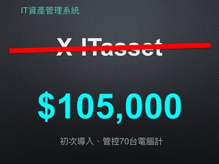 IT資產管理理系統
X-ITasset
$105,000
初次導入、管控70台電腦計
 