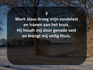 3
Want Jezus droeg mijn zondelast
en tranen aan het kruis.
Hij houdt mij door genade vast
en brengt mij veilig thuis.
 