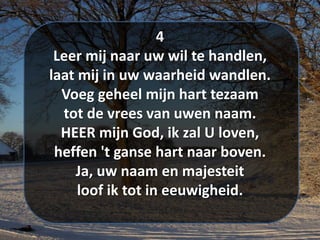 4
Leer mij naar uw wil te handlen,
laat mij in uw waarheid wandlen.
Voeg geheel mijn hart tezaam
tot de vrees van uwen naam.
HEER mijn God, ik zal U loven,
heffen 't ganse hart naar boven.
Ja, uw naam en majesteit
loof ik tot in eeuwigheid.
 