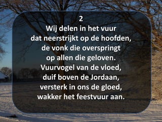 2
Wij delen in het vuur
dat neerstrijkt op de hoofden,
de vonk die overspringt
op allen die geloven.
Vuurvogel van de vloed,
duif boven de Jordaan,
versterk in ons de gloed,
wakker het feestvuur aan.
 