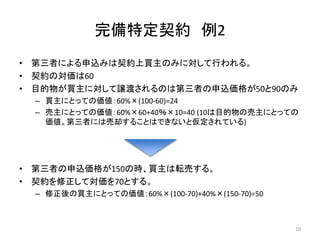 完備特定契約 例2
• 第三者による申込みは契約上買主のみに対して行われる。
• 契約の対価は60
• 目的物が買主に対して譲渡されるのは第三者の申込価格が50と90のみ
– 買主にとっての価値：60%×(100-60)=24
– 売主にとっての価値：60%×60+40％×10=40 (10は目的物の売主にとっての
価値。第三者には売却することはできないと仮定されている)
• 第三者の申込価格が150の時、買主は転売する。
• 契約を修正して対価を70とする。
– 修正後の買主にとっての価値：60%×(100-70)+40%×(150-70)=50
10
 