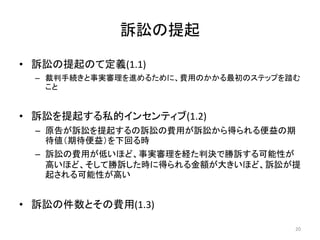 訴訟の提起
• 訴訟の提起のて定義(1.1)
– 裁判手続きと事実審理を進めるために、費用のかかる最初のステップを踏む
こと
• 訴訟を提起する私的インセンティブ(1.2)
– 原告が訴訟を提起するの訴訟の費用が訴訟から得られる便益の期
待値（期待便益）を下回る時
– 訴訟の費用が低いほど、事実審理を経た判決で勝訴する可能性が
高いほど、そして勝訴した時に得られる金額が大きいほど、訴訟が提
起される可能性が高い
• 訴訟の件数とその費用(1.3)
20
 