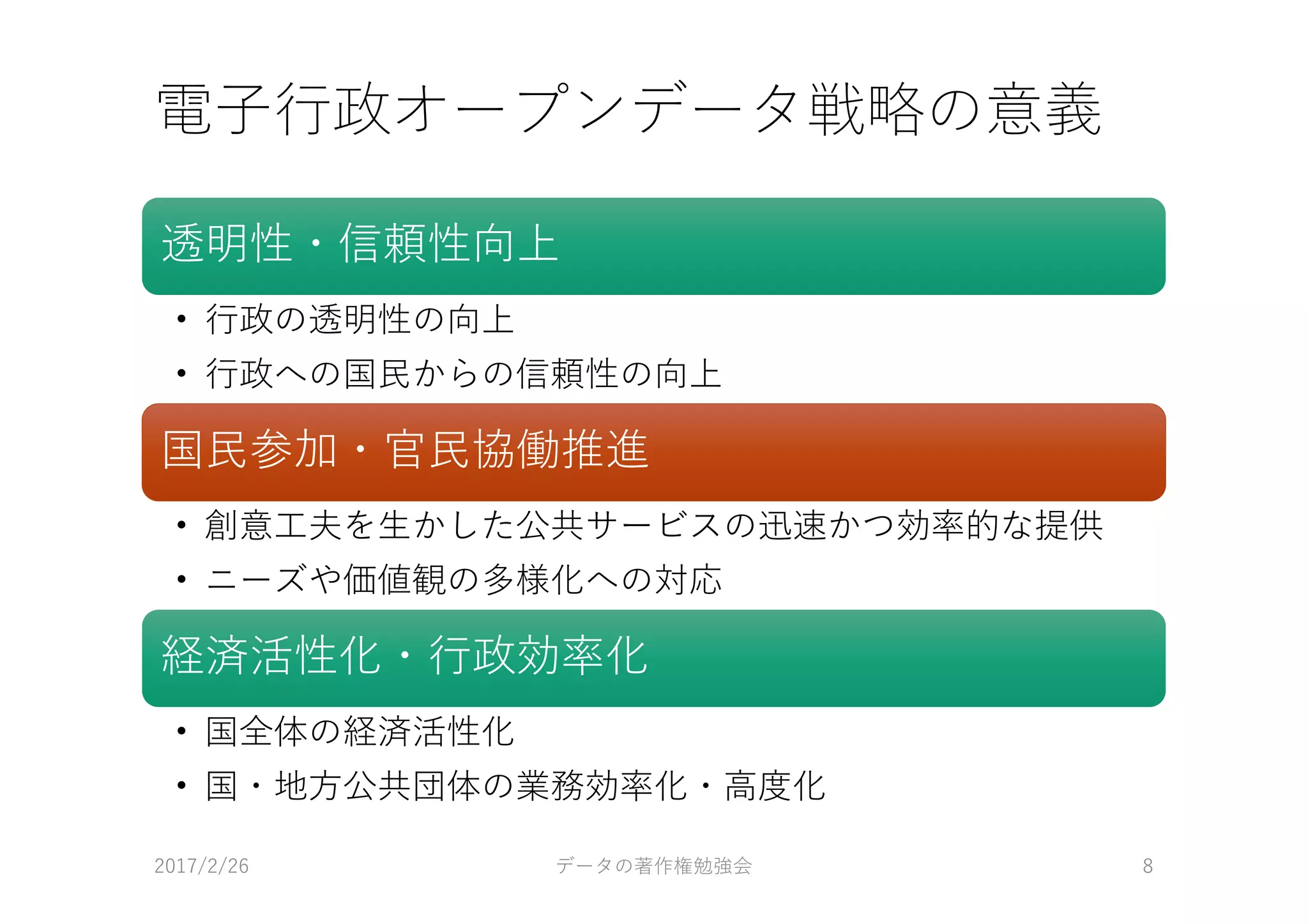 電⼦⾏政オープンデータ戦略の意義
透明性・信頼性向上
• ⾏政の透明性の向上
• ⾏政への国⺠からの信頼性の向上
国⺠参加・官⺠協働推進
• 創意⼯夫を⽣かした公共サービスの迅速かつ効率的な提供
• ニーズや価値観の多様化への対応
経済活性化・⾏政効率化
• 国全体の経済活性化
• 国・地⽅公共団体の業務効率化・⾼度化
2017/2/26 データの著作権勉強会 8
 