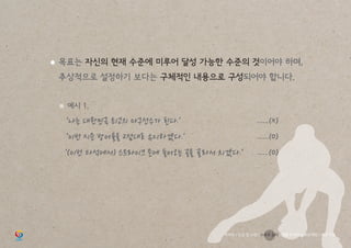 ● 목표는 자신의 현재 수준에 미루어 달성 가능한 수준의 것이어야 하며,
	 추상적으로 설정하기 보다는 구체적인 내용으로 구성되어야 합니다.
	 ※ 예시 1.
		 ‘나는 대한민국 최고의 야구선수가 된다.’						 ......(X)
		 ‘이번 시즌 방어율을 2점대로 유지하겠다.’					 ......(O)
	 ‘(이번 타석에서) 스트라이크 존에 들어오는 공을 골라서 치겠다.’	 ......(O)
학부모 / 인성 및 소양 / 스포츠 심리 / 재활 트레이닝 부상예방 / 야구 기능
 