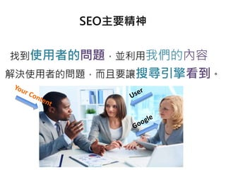 找到使用者的問題，並利用我們的內容
解決使用者的問題，而且要讓搜尋引擎看到。
SEO主要精神
 