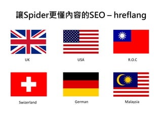 讓Spider更懂內容的SEO – hreflang
UK USA R.O.C
Swizerland German Malaysia
 