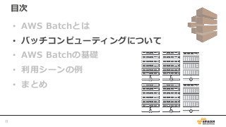 目次
• AWS Batchとは
• バッチコンピューティングについて
• AWS Batchの基礎
• 利用シーンの例
• まとめ
11
 