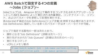 AWS Batchで設定する4つの定義
〜Jobs (ジョブ)〜
Jobs(ジョブ)は、Amazon EC2上で動作するコンテナ化されたアプリケーショ
ンとしてAWS Batchによって実行される作業単位。コンテナイメージ、コマン
ド、およびパラメータを参照して処理を実行する。
各Jobsは必ず後述のJob Definitions(ジョブ定義)を参照する必要がありますが、
Job Definitionsに指定している多くのパラメータはオーバーライドが可能。
ジョブで指定する属性の一部は次のとおり。
• 雛形となる”Job Definitions“ (詳細は次ページ)
• 実行先が示された”Job Queues“ (詳細は次の次のページ)
• 実行するコマンド
• vCPUとメモリ要件
$ aws batch submit-job --job-name variant-calling
--job-definition gatk --job-queue genomics
30
 