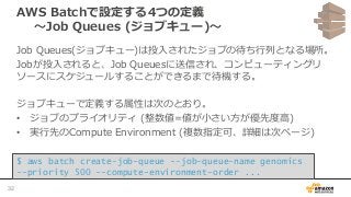 AWS Batchで設定する4つの定義
〜Job Queues (ジョブキュー)〜
Job Queues(ジョブキュー)は投入されたジョブの待ち行列となる場所。
Jobが投入されると、Job Queuesに送信され、コンピューティングリ
ソースにスケジュールすることができるまで待機する。
ジョブキューで定義する属性は次のとおり。
• ジョブのプライオリティ (整数値=値が小さい方が優先度高)
• 実行先のCompute Environment (複数指定可、詳細は次ページ)
$ aws batch create-job-queue --job-queue-name genomics
--priority 500 --compute-environment-order ...
32
 