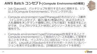 AWS Batch コンセプト(Compute Environmentの補足)
• Job Queuesは、バッチジョブを実行するために使用する、1つ
以上のCompute Environmentsにマッピングされる。
• Compute environment typeがManagedのものはリソース要件
（インスタンスタイプ、最小/最大/希望vCPU、およびスポット
入札価格をオンデマンド価格に対して％で指定）を指定すること
ができ、ジョブのリクエスト状況によりリソースを立ち上げ、拡
張を行う。
• Compute environment typeがUnmanagedを指定することで
Compute environmentとして独自のリソースを起動して管理す
ることもできる。 インスタンスにはECSエージェントが含まれ
ており、LinuxおよびDockerのそれぞれサポートされているバー
ジョンを実行する必要がある。(詳細はECSのガイドを参照)
34
 