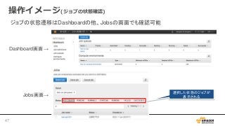 操作イメージ(ジョブの状態確認)
ジョブの状態遷移はDashboardの他、Jobsの画面でも確認可能
Dashboard画面→
Jobs画面→
選択した状態のジョブが
表示される
47
 