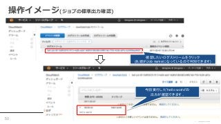 操作イメージ(ジョブの標準出力確認)
確認したいログストリームをクリック
(先頭がJob nameになっているので判別できます)
今回実行した”hello world”の
出力が確認できます。
50
 