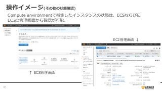操作イメージ(その他の状態確認)
Compute environmentで指定したインスタンスの状態は、ECSならびに
EC2の管理画面から確認が可能。
↑ ECS管理画面
EC2管理画面 ↓
51
 