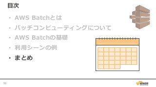 目次
• AWS Batchとは
• バッチコンピューティングについて
• AWS Batchの基礎
• 利用シーンの例
• まとめ
58
 
