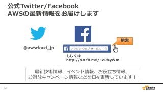 公式Twitter/Facebook
AWSの最新情報をお届けします
62
@awscloud_jp
検索
最新技術情報、イベント情報、お役立ち情報、
お得なキャンペーン情報などを日々更新しています！
もしくは
http://on.fb.me/1vR8yWm
 