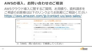 AWSの導入、お問い合わせのご相談
AWSクラウド導入に関するご質問、お見積り、資料請求を
ご希望のお客様は以下のリンクよりお気軽にご相談ください
https://aws.amazon.com/jp/contact-us/aws-sales/
※「AWS 問い合わせ」で検索してください
63
 