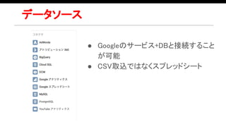 データソース
● Googleのサービス+DBと接続すること
が可能
● CSV取込ではなくスプレッドシート
 