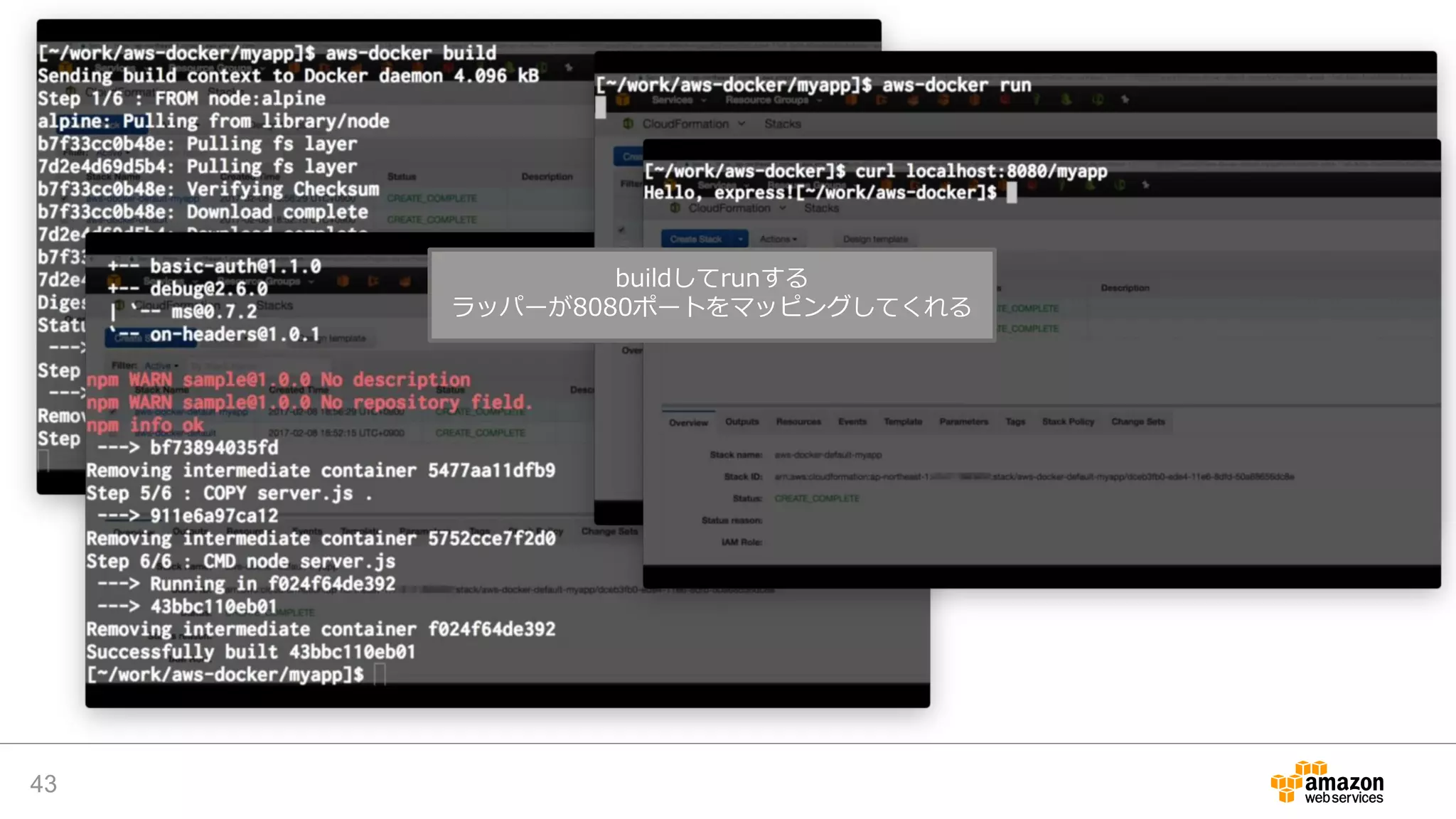 43
buildしてrunする
ラッパーが8080ポートをマッピングしてくれる
 