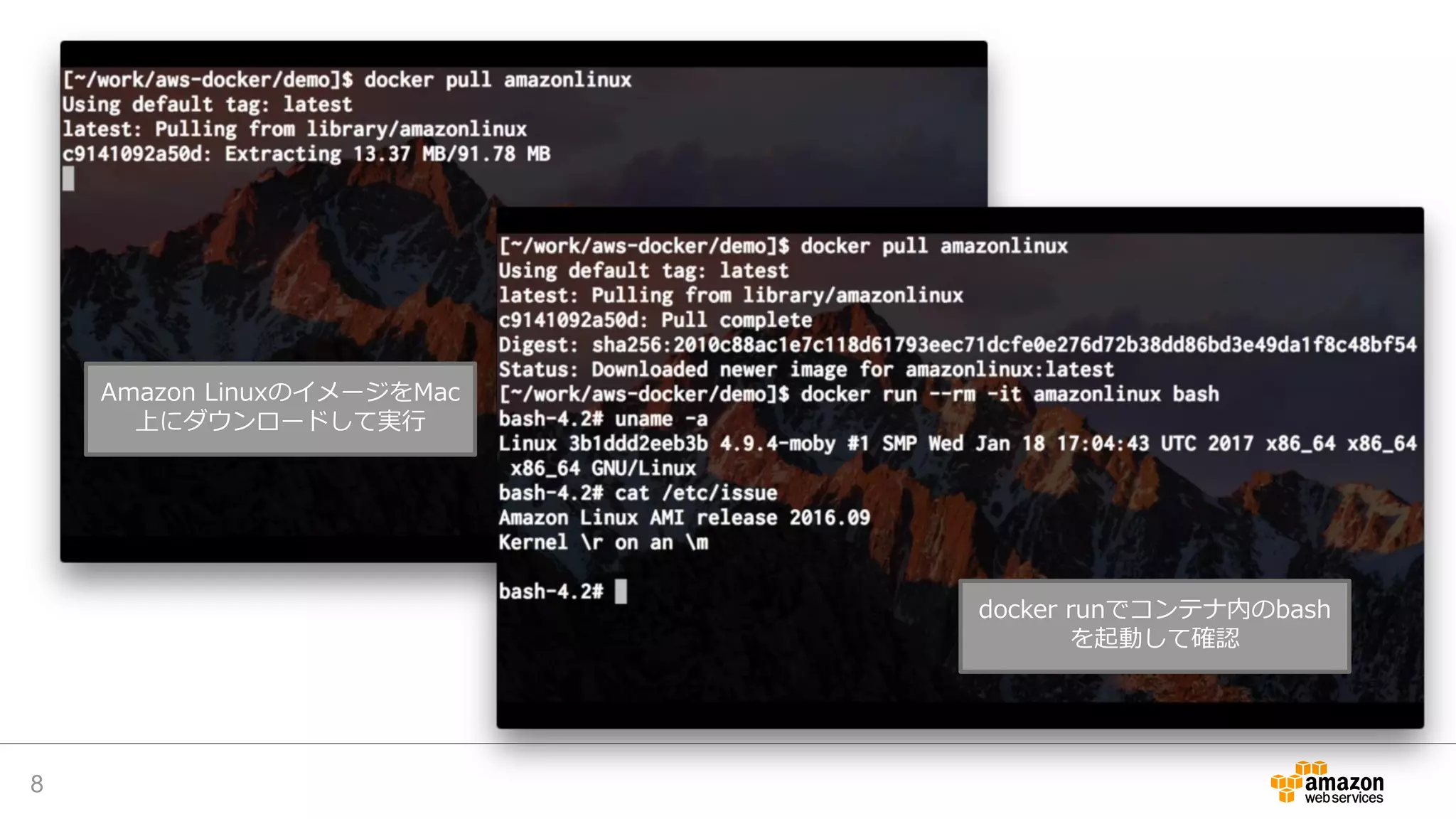8
Amazon LinuxのイメージをMac
上にダウンロードして実行
docker runでコンテナ内のbash
を起動して確認
 