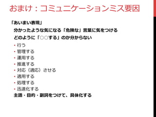 おまけ：コミュニケーションミス要因
「あいまい表現」
 　分かったような気になる「危険な」⾔言葉葉に気をつける
 　どのように「○○する」のか分からない
•  ⾏行行う
•  管理理する
•  運⽤用する
•  推進する
•  対応（適応）させる
•  適⽤用する
•  処理理する
•  迅速化する
 　主語・⽬目的・副詞をつけて、具体化する
 