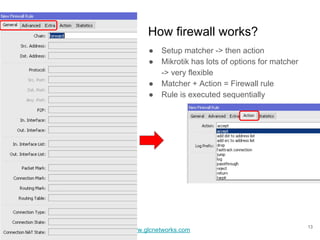 www.glcnetworks.com
How firewall works?
● Setup matcher -> then action
● Mikrotik has lots of options for matcher
-> very flexible
● Matcher + Action = Firewall rule
● Rule is executed sequentially
13
 