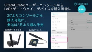 SORACOMのユーザーコンソールから
LoRaゲートウェイ、デバイスを購入可能に
LoRaゲートウェイ LoRaデバイス
2/7よりコンソールから
購入可能に。
発送は3月より順次予定
 