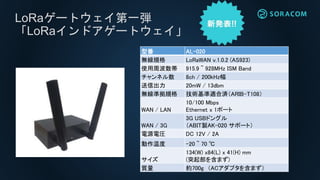 LoRaゲートウェイ第一弾
「LoRaインドアゲートウェイ」
型番 AL-020
無線規格 LoRaWAN v.1.0.2 (AS923)
使用周波数帯 915.9 ~ 928MHz ISM Band
チャンネル数 8ch / 200kHz幅
送信出力 20mW / 13dbm
無線準拠規格 技術基準適合済（ARIB-T108）
WAN / LAN
10/100 Mbps
Ethernet x 1ポート
WAN / 3G
3G USBドングル
（ABIT製AK-020 サポート）
電源電圧 DC 12V / 2A
動作温度 -20 ~ 70 ℃
サイズ
134(W) x84(L) x 41(H) mm
(突起部を含まず)
質量 約700g （ACアダプタを含まず）
 