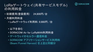 LoRaゲートウェイ(共有サービスモデル)
の利用料金
• 初期費用(登録費用) 24,800円/台
• 月額利用料金
• LoRaゲートウェイ利用料：9,980円 /台
• 以下を含む
• SORACOM Air for LoRaWAN利用料金
• ゲートウェイのセルラー通信料金
• SORACOM アプリケーションサービス利用料
(Beam/Funnel/Harvest) を上記と同額分
 