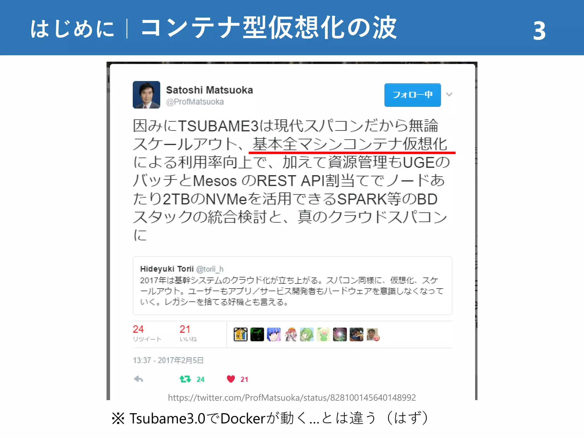 はじめに｜コンテナ型仮想化の波 3
※ Tsubame3.0でDockerが動く…とは違う（はず）
https://twitter.com/ProfMatsuoka/status/828100145640148992
 