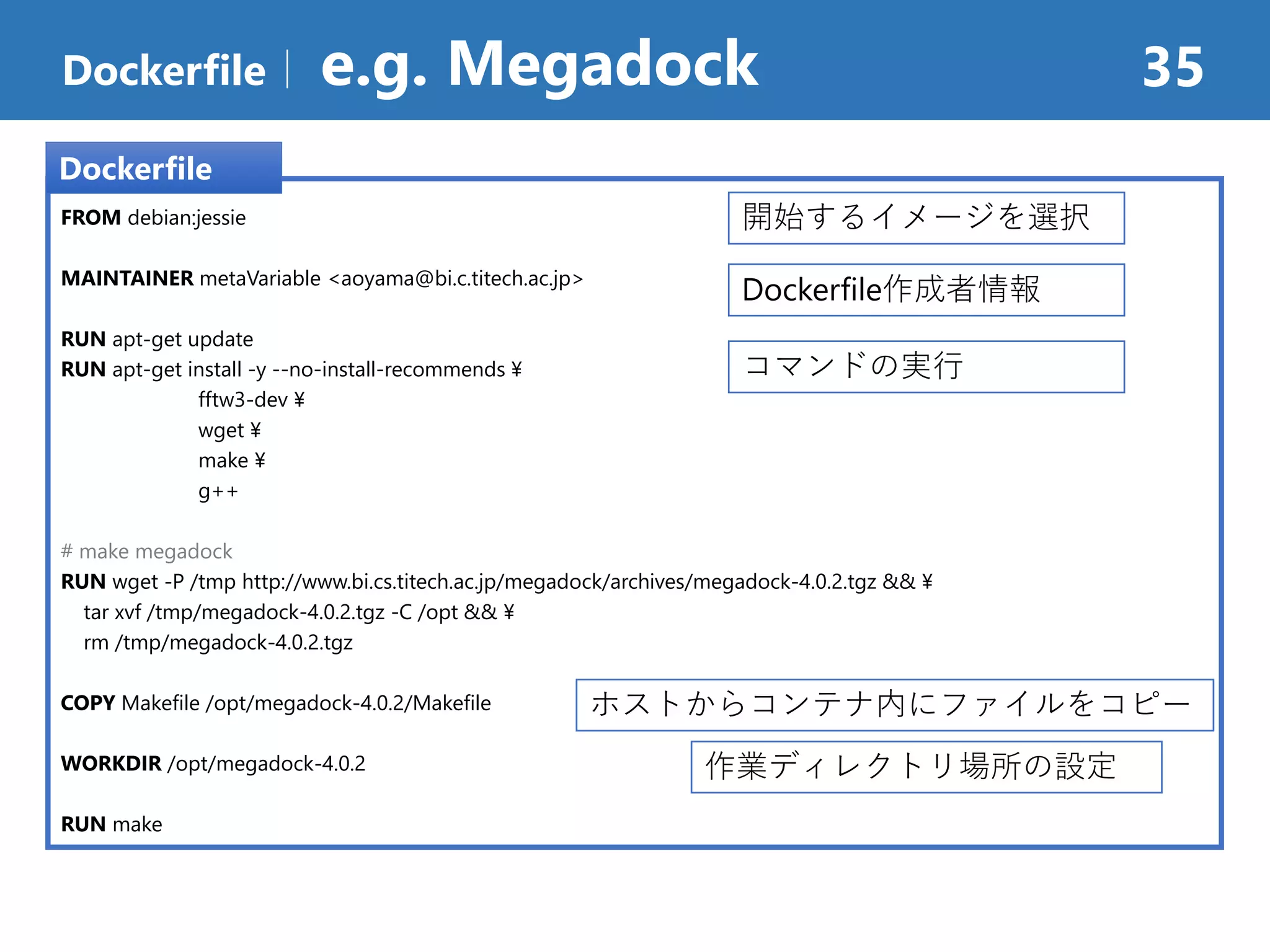 Dockerfile｜ e.g. Megadock 35
FROM debian:jessie
MAINTAINER metaVariable <aoyama@bi.c.titech.ac.jp>
RUN apt-get update
RUN apt-get install -y --no-install-recommends ¥
fftw3-dev ¥
wget ¥
make ¥
g++
# make megadock
RUN wget -P /tmp http://www.bi.cs.titech.ac.jp/megadock/archives/megadock-4.0.2.tgz && ¥
tar xvf /tmp/megadock-4.0.2.tgz -C /opt && ¥
rm /tmp/megadock-4.0.2.tgz
COPY Makefile /opt/megadock-4.0.2/Makefile
WORKDIR /opt/megadock-4.0.2
RUN make
開始するイメージを選択
Dockerfile作成者情報
Dockerfile
コマンドの実行
ホストからコンテナ内にファイルをコピー
作業ディレクトリ場所の設定
 