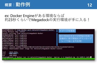 ex: Docker Engineがある環境ならば
約23秒くらいでMegadockの実行環境が手に入る！
概要｜動作例 12
イメージを指定
ローカルにイメージがないため
自動的に実行環境をダウンロード
（レイヤ毎に並列処理）
 