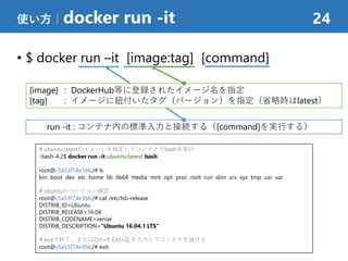 • $ docker run –it [image:tag] [command]
使い方｜docker run -it 24
run -it : コンテナ内の標準入力と接続する（[command]を実行する）
[image] : DockerHub等に登録されたイメージ名を指定
[tag] : イメージに紐付いたタグ（バージョン）を指定（省略時はlatest）
# ubuntu:latestのイメージを指定してコンテナでbashを実行
-bash-4.2$ docker run -it ubuntu:latest bash
root@c5a53f74e366:/# ls
bin boot dev etc home lib lib64 media mnt opt proc root run sbin srv sys tmp usr var
# ubuntuのバージョン確認
root@c5a53f74e366:/# cat /etc/lsb-release
DISTRIB_ID=Ubuntu
DISTRIB_RELEASE=16.04
DISTRIB_CODENAME=xenial
DISTRIB_DESCRIPTION="Ubuntu 16.04.1 LTS“
# exitで終了、またはCtrl+P, Ctrl+Q を入力してコンテナを抜ける
root@c5a53f74e366:/# exit
 