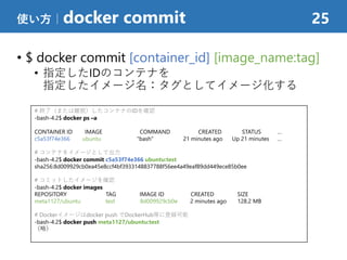 • $ docker commit [container_id] [image_name:tag]
• 指定したIDのコンテナを
指定したイメージ名：タグとしてイメージ化する
使い方｜docker commit 25
# 終了（または離脱）したコンテナのIDを確認
-bash-4.2$ docker ps –a
CONTAINER ID IMAGE COMMAND CREATED STATUS …
c5a53f74e366 ubuntu "bash" 21 minutes ago Up 21 minutes …
# コンテナをイメージとして出力
-bash-4.2$ docker commit c5a53f74e366 ubuntu:test
sha256:8d009929cb0ea45e8ccf4bf3933148837788f56ee4a49eaf89dd449ece85b0ee
# コミットしたイメージを確認
-bash-4.2$ docker images
REPOSITORY TAG IMAGE ID CREATED SIZE
meta1127/ubuntu test 8d009929cb0e 2 minutes ago 128.2 MB
# Dockerイメージはdocker push でDockerHub等に登録可能
-bash-4.2$ docker push meta1127/ubuntu:test
（略）
 