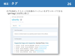 補足｜タグ 26
タグを指定してイメージの任意のバージョンをダウンロードできる
（gitのtagとほぼ同じ感じ）
 