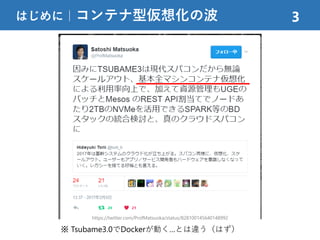 はじめに｜コンテナ型仮想化の波 3
※ Tsubame3.0でDockerが動く…とは違う（はず）
https://twitter.com/ProfMatsuoka/status/828100145640148992
 