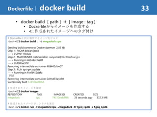 Dockerfile｜ docker build 33
# Dockerfileと同じ場所でイメージをビルド
-bash-4.2$ docker build . -t megadock:cpu
Sending build context to Docker daemon 2.56 kB
Step 1 : FROM debian:jessie
---> e5599115b6a6
Step 2 : MAINTAINER metaVariable <aoyama@bi.c.titech.ac.jp>
---> Running in 469442cfae07
---> 7bf00fae3f9f
Removing intermediate container 469442cfae07
Step 3 : RUN apt-get update
---> Running in f1ef8452dafd
（略）
Removing intermediate container 0d14d93a4e50
Successfully built 74310eeb8f66
# 作成されたイメージを確認
-bash-4.2$ docker images
REPOSITORY TAG IMAGE ID CREATED SIZE
megadock cpu 74310eeb8f66 26 seconds ago 332.3 MB
# 作成されたイメージでコンテナを実行
-bash-4.2$ docker run -it megadock:cpu ./megadock -R 1gcq_r.pdb -L 1gcq_r.pdb
• docker build [ path ] -t [ image : tag ]
• Dockerfileからイメージを作成する
• -t : 作成されたイメージへのタグ付け
 